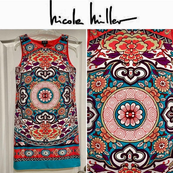 NICOLE MILLER SLEEVELESS STRETCHY DRESS.
LIKE NEW! COLORFUL FLORAL MANDALA PRINT - Picture 2 of 10